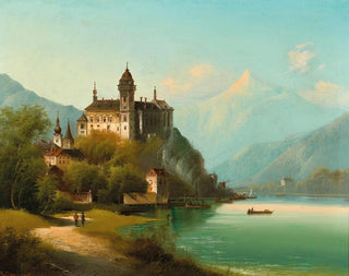 a castle by a mountain lake - Johann Wilhelm Jankowsky — artwork view
