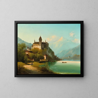 a castle by a mountain lake - Johann Wilhelm Jankowsky — framed artwork on a wall