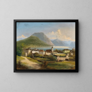 Vue de Gmunden sur le lac Traunsee - Johann Wilhelm Jankowsky — framed artwork on a wall