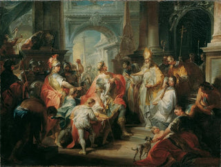 Saint Ambroise refuse l'entrée au roi Théodose dans la cathédrale de Milan - Johann Wolfgang Baumgartner — artwork view