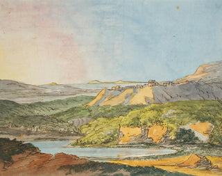 Landscape painting of the south with sea, wooded hills, and a water body in the foreground - Johann Wolfgang von Goethe — artwork view