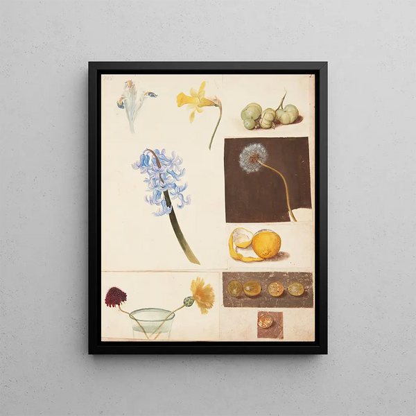 Study of flowers, fruits, and green tomatoes - Johanna Fosie — framed artwork on a wall