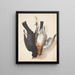 Study of two dead thrushes, male and female, hanging by a rope from a hook - Johanna Fosie — framed artwork on a wall