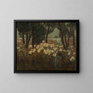 Chardons éblouis sur une berge inondée - Johanna Marie Dill-Malburg — framed artwork on a wall