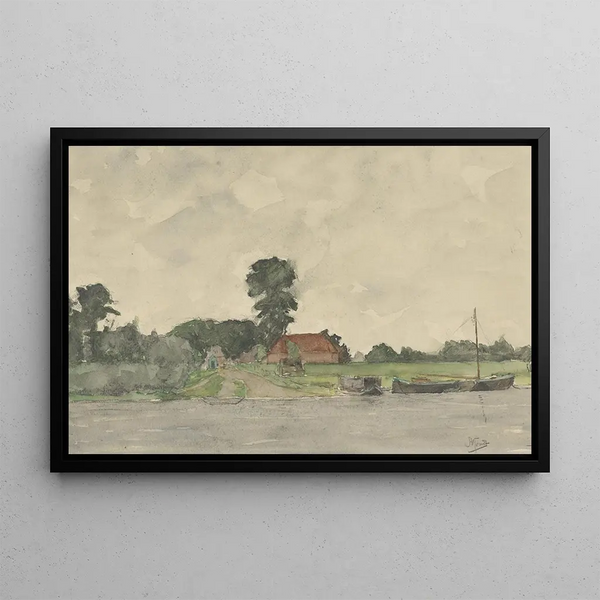 Landscape painting of a river with a farm after George Henry Boughton - Johannes Abraham Mondt — framed artwork on a wall