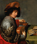 a man wearing a feathered hat and a fur stole playing a lute in front of a table with books - Johannes Baeck — artwork view