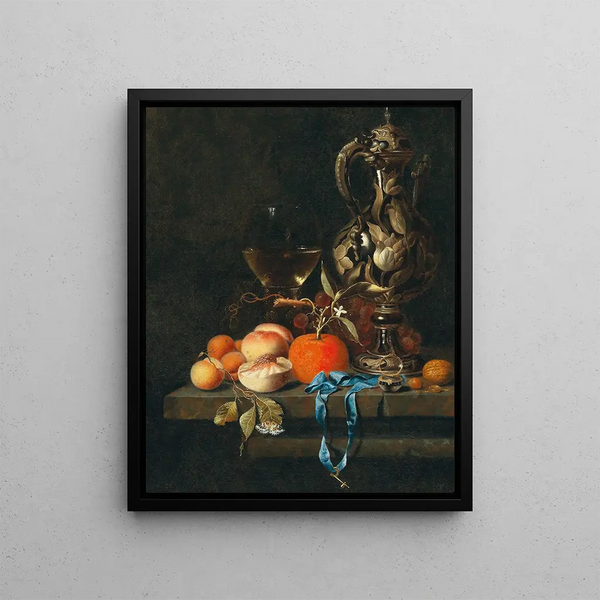 Apricots, Peaches, and Other Fruits with Glass and Pitcher - Johannes Borman — framed artwork on a wall