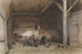 Interior peasant painting with two men and a woman at a table, some chickens and cats - Johannes Bosboom — artwork view