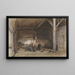 Interior peasant painting with two men and a woman at a table, some chickens and cats - Johannes Bosboom — framed artwork on a wall