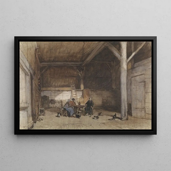 Interior peasant painting with two men and a woman at a table, some chickens and cats - Johannes Bosboom — framed artwork on a wall