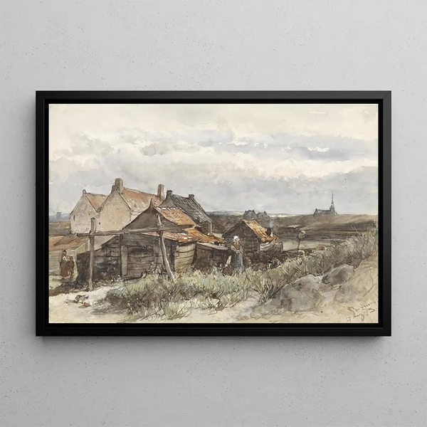 Fishery Houses Painting at Scheveningen - Johannes Bosboom — framed artwork on a wall