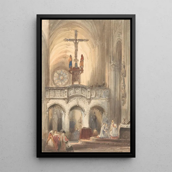 Interior church painting with mass - Johannes Bosboom — framed artwork on a wall