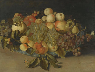 Still life with blackberries, apples, peaches, and pears in a blue and white Chinese porcelain bowl - Johannes Bosschaert — artwork view