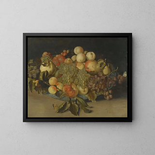 Still life with blackberries, apples, peaches, and pears in a blue and white Chinese porcelain bowl - Johannes Bosschaert — framed artwork on a wall