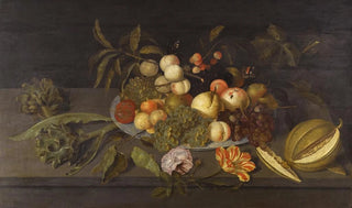 Nature morte with apples, pears, grapes, and other fruits in a Chinese porcelain bowl on a ledge next to a melon - Johannes Bosschaert — artwork view