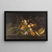 Nature morte with apples, pears, grapes, and other fruits in a Chinese porcelain bowl on a ledge next to a melon - Johannes Bosschaert — framed artwork on a wall