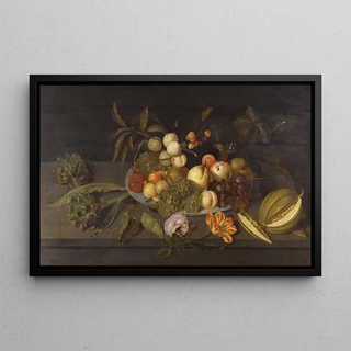 Nature morte with apples, pears, grapes, and other fruits in a Chinese porcelain bowl on a ledge next to a melon - Johannes Bosschaert — framed artwork on a wall