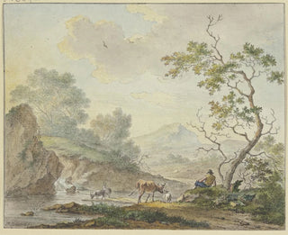 a Shepherd with a Cow and Goats near a Waterfall - Johannes Christiaan Janson — artwork view