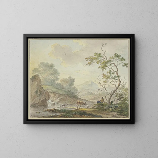 a Shepherd with a Cow and Goats near a Waterfall - Johannes Christiaan Janson — framed artwork on a wall