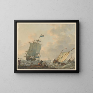 Bateaux à voiles sur des eaux agitées - Johannes Christiaan Schotel — framed artwork on a wall