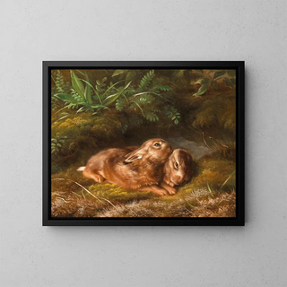 Two rabbits in the moss - Johannes Christian Deiker — framed artwork on a wall