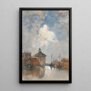 Johannes Gijsbert Vogel - Havengezicht met schepen en een ronde toren.webp