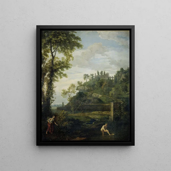Landscape Arcadian with Salmacis and Hermaphrodite - Johannes Glauber — framed artwork on a wall