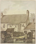 Row of houses on the water, two barges with a fisherman in front - Johannes Hendrik Knoop — artwork view