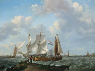 Bateaux dans une tempête avec des figures sur la rive - Johannes Hermanus Koekkoek — artwork view