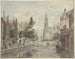 Wooden bridge painting over a canal with a cathedral in the background and a lantern to the right of the house - Johannes Huibert Prins — artwork view