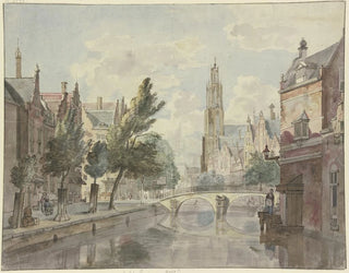 Wooden bridge painting over a canal with a cathedral in the background and a lantern to the right of the house - Johannes Huibert Prins — artwork view