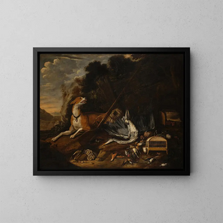 Hunting scene with a dog, a dead heron, a feathered game, a birdcage, and a rifle - Johannes Kuveenis the Elder — framed artwork on a wall