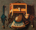a Trompe-l'œil still life with a bird in a cage, a bird whistle, hunting horns, and other hunting instruments hanging on a wall - Johannes Leemans — artwork view
