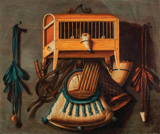 a Trompe-l'œil still life with a bird in a cage, a bird whistle, hunting horns, and other hunting instruments hanging on a wall - Johannes Leemans — artwork view