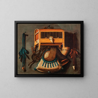 a Trompe-l'œil still life with a bird in a cage, a bird whistle, hunting horns, and other hunting instruments hanging on a wall - Johannes Leemans — framed artwork on a wall