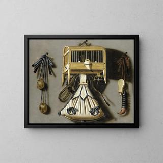 Still life with hunting accessories - Johannes Leemans — framed artwork on a wall