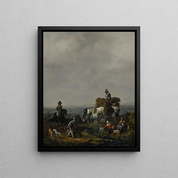 Falconers on a Path with Harvesters Loading Hay onto a Cart Near a Valley at Dusk - Johannes Lingelbach — framed artwork on a wall
