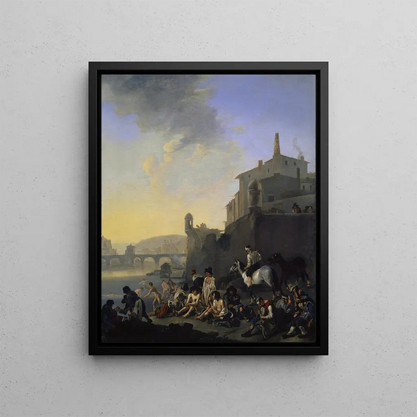 River with bathing gypsies near an Italian town - Johannes Lingelbach — framed artwork on a wall