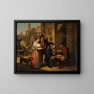 Un bouquiniste dans une rue romaine - Johannes Riepenhausen — framed artwork on a wall