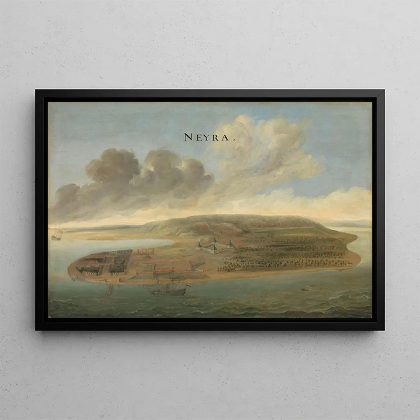 Two views of the counters of the Dutch East India Company Lawec in Cambodia and Banda in the Moluccas - Johannes Vinckboons — framed artwork on a wall