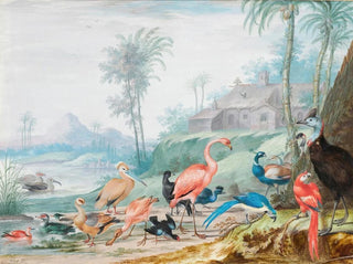 an exotic bird group in a landscape under palm trees, a building, and mountains in the distance - Johannes van Bronckhorst — artwork view
