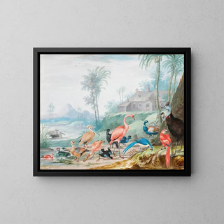 an exotic bird group in a landscape under palm trees, a building, and mountains in the distance - Johannes van Bronckhorst — framed artwork on a wall