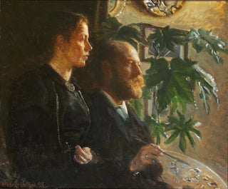 Self-portrait with palette in hand and wife Martha - Johansen Viggo — artwork view