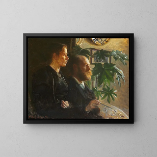Self-portrait with palette in hand and wife Martha - Johansen Viggo — framed artwork on a wall