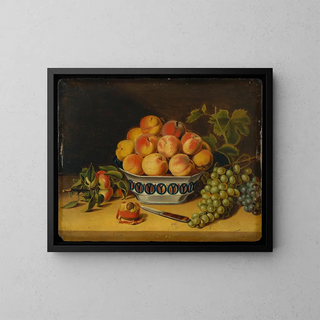 Nature morte aux pêches et raisins - John A Woodside — framed artwork on a wall