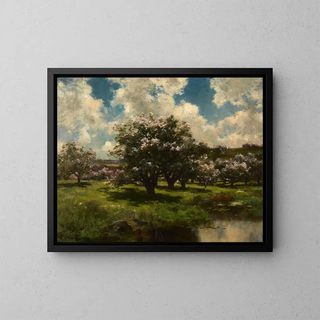 Apple Blossom near a Pond - John Appleton Brown — framed artwork on a wall