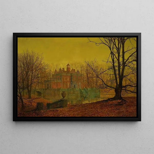 A fortified house in Yorkshire - John Atkinson Grimshaw — framed artwork on a wall