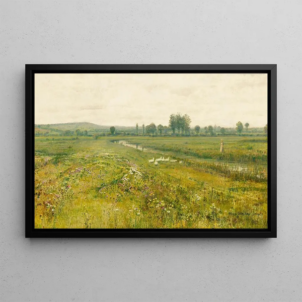 a vast prairie landscape with geese near a stream - John Atkinson Grimshaw — framed artwork on a wall