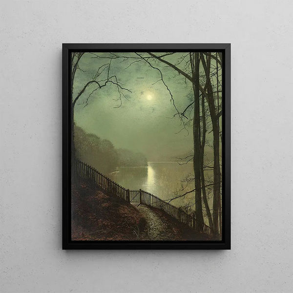 Moonlit Lake Roundhay Park Leeds - John Atkinson Grimshaw — framed artwork on a wall