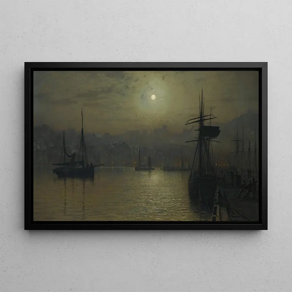 Old Scarborough Full Moon High Tide - John Atkinson Grimshaw — framed artwork on a wall
